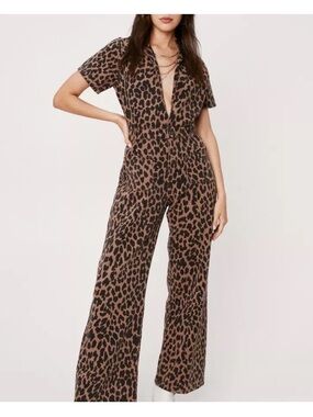 Nasty Gal Brown Leopard-Print Short-Sleeve Wide-Leg Jumpsuit